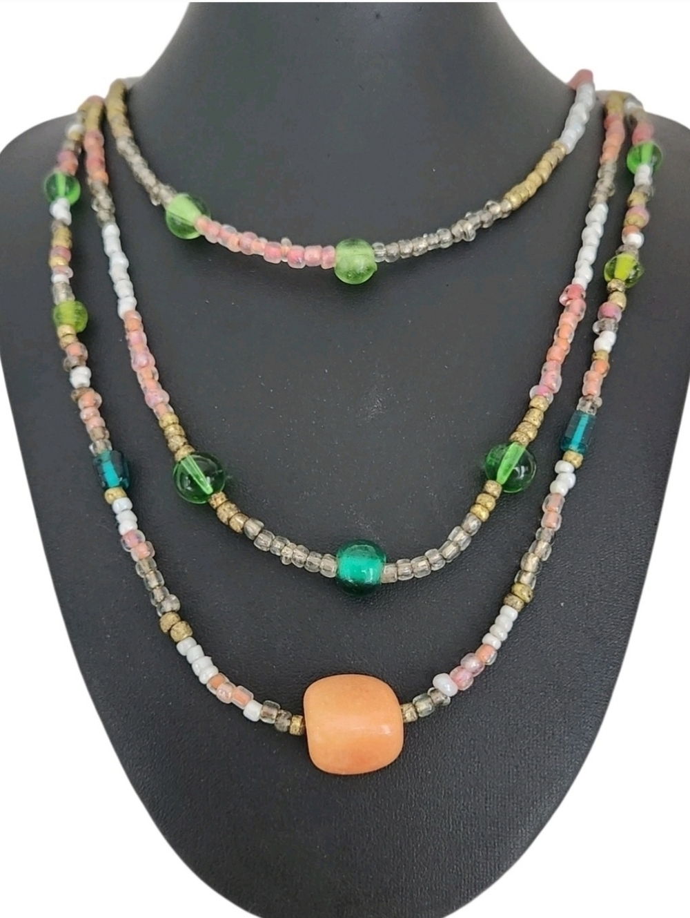 Vintage Triple Strand Glass Seed Bead Necklace Green Orange Layered 18"